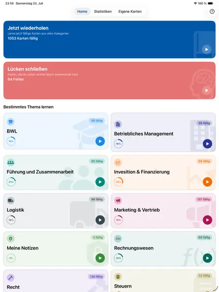 Dashboard der App mit „Jetzt wiederholen“, der Anzahl gerade fälliger Karten und den Themen-Kacheln darunter (Tablet-Ansicht)