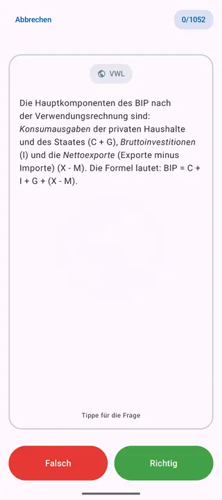 Lernkarte nach dem Umdrehen: die Antwort mit den Knöpfen „Falsch“ und „Richtig“