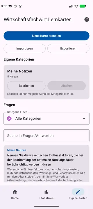 Der Bereich „Eigene Karten“ mit selbst angelegten Kategorien, Suchfeld und Kategoriefilter