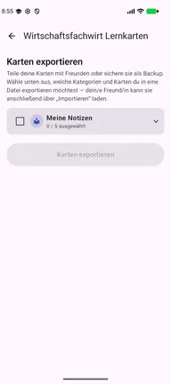 Kartenexport in der App: Auswahl der Karten, die als Datei geteilt werden sollen
