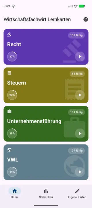 Dashboard der App, gescrollt bis zur Kachel VWL – mit der Anzahl fälliger Karten und dem Lernfortschritt in Prozent