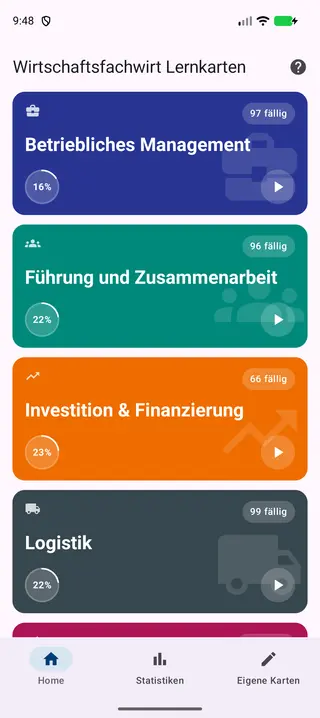 Dashboard der App, gescrollt bis zur Kachel Betriebliches Management – mit der Anzahl fälliger Karten und dem Lernfortschritt in Prozent