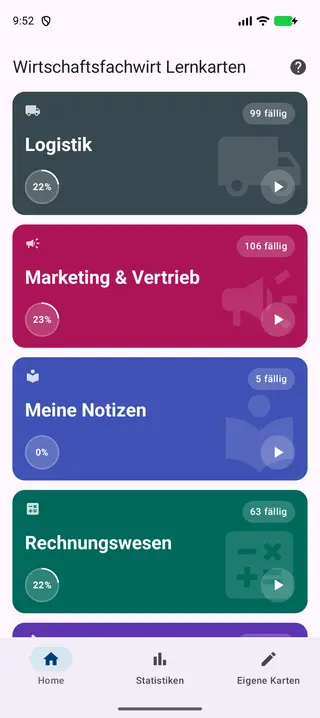 Dashboard der App, gescrollt bis zur Kachel Logistik – mit der Anzahl fälliger Karten und dem Lernfortschritt in Prozent