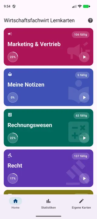 Dashboard der App, gescrollt bis zur Kachel Marketing & Vertrieb – mit der Anzahl fälliger Karten und dem Lernfortschritt in Prozent