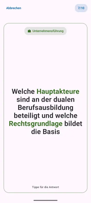 Lernkarte in der App, Vorderseite mit einer Prüfungsfrage