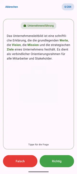 Lernkarte aus dem Bereich Unternehmensführung nach dem Umdrehen: die Antwort mit den Knöpfen „Falsch“ und „Richtig“