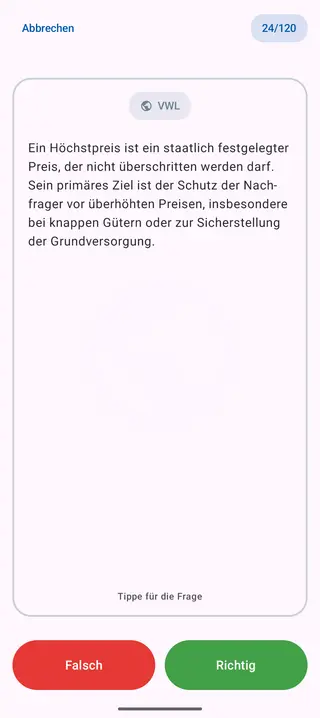 Lernkarte aus dem Bereich VWL nach dem Umdrehen: die Antwort mit den Knöpfen „Falsch“ und „Richtig“