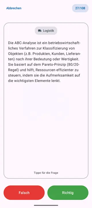 Lernkarte aus dem Bereich Logistik nach dem Umdrehen: die Antwort mit den Knöpfen „Falsch“ und „Richtig“