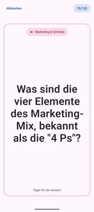 Lernkarte in der App, Vorderseite mit der Frage: Was sind die vier Elemente des Marketing-Mix, bekannt als die „4 Ps“?
