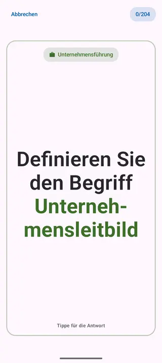Lernkarte in der App, Vorderseite mit der Frage: Definieren Sie den Begriff Unternehmensleitbild