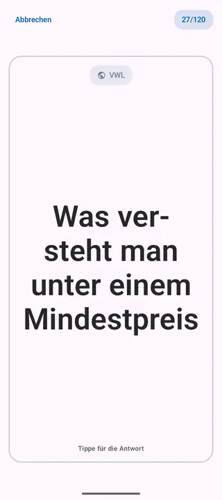 Lernkarte in der App, Vorderseite mit der Frage: Was versteht man unter einem Mindestpreis