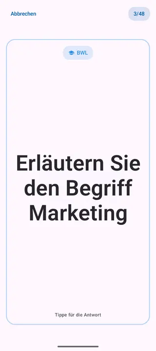 Lernkarte in der App, Vorderseite mit der Frage: Erläutern Sie den Begriff Marketing