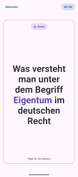 Lernkarte in der App, Vorderseite mit der Frage: Was versteht man unter dem Begriff Eigentum im deutschen Recht