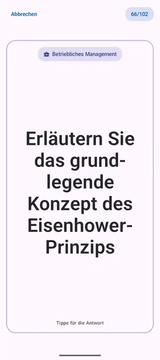 Lernkarte in der App, Vorderseite mit der Frage: Erläutern Sie das grundlegende Konzept des Eisenhower-Prinzips