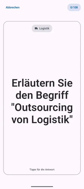 Lernkarte in der App, Vorderseite mit der Frage: Erläutern Sie den Begriff „Outsourcing von Logistik“