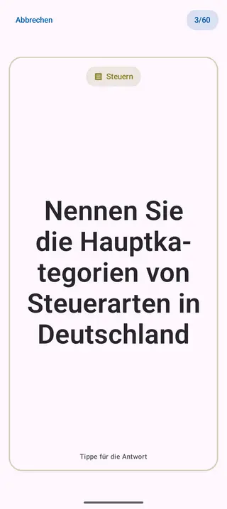 Lernkarte in der App, Vorderseite mit der Frage: Nennen Sie die Hauptkategorien von Steuerarten in Deutschland
