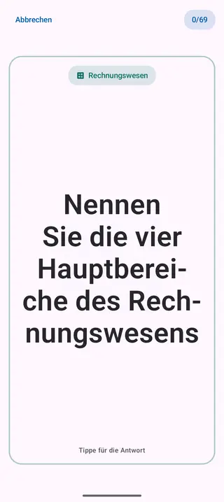Lernkarte in der App, Vorderseite mit der Frage: Nennen Sie die vier Hauptbereiche des Rechnungswesens