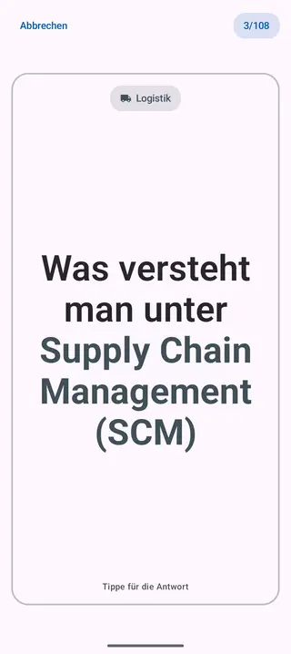 Lernkarte in der App, Vorderseite mit der Frage: Was versteht man unter Supply Chain Management (SCM)