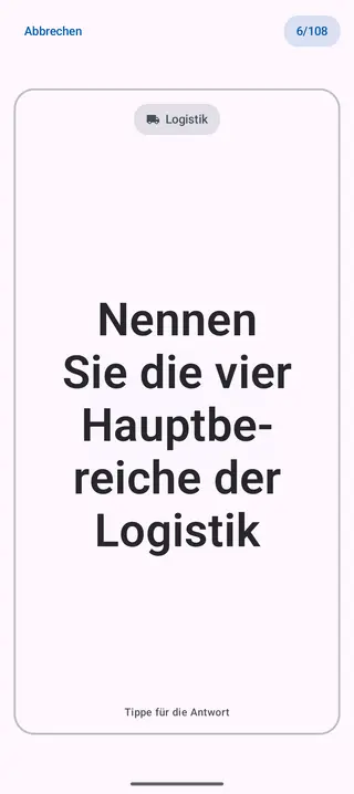 Lernkarte in der App, Vorderseite mit der Frage: Nennen Sie die vier Hauptbereiche der Logistik