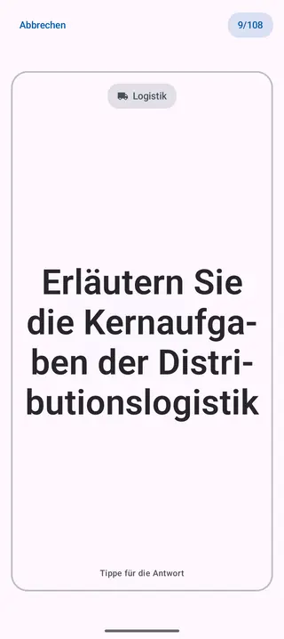 Lernkarte in der App, Vorderseite mit der Frage: Erläutern Sie die Kernaufgaben der Distributionslogistik