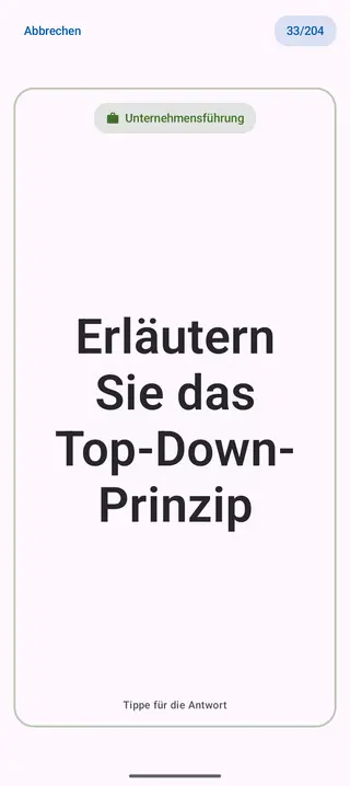 Lernkarte in der App, Vorderseite mit der Frage: Erläutern Sie das Top-Down-Prinzip