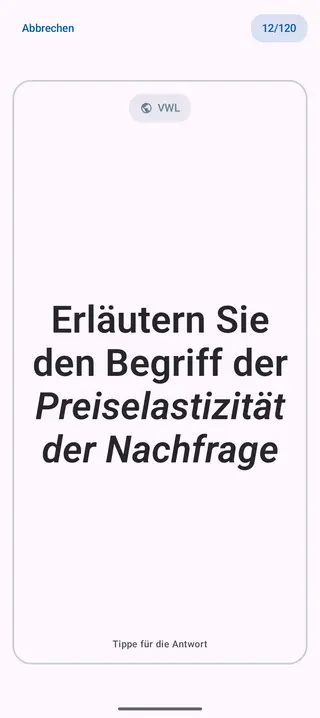 Lernkarte in der App, Vorderseite mit der Frage: Erläutern Sie den Begriff der Preiselastizität der Nachfrage