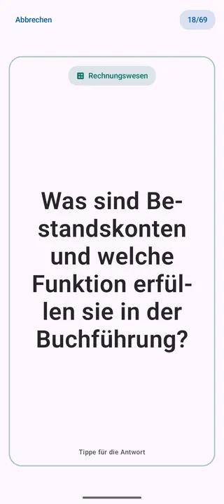 Lernkarte in der App, Vorderseite mit der Frage: Was sind Bestandskonten und welche Funktion erfüllen sie in der Buchführung?