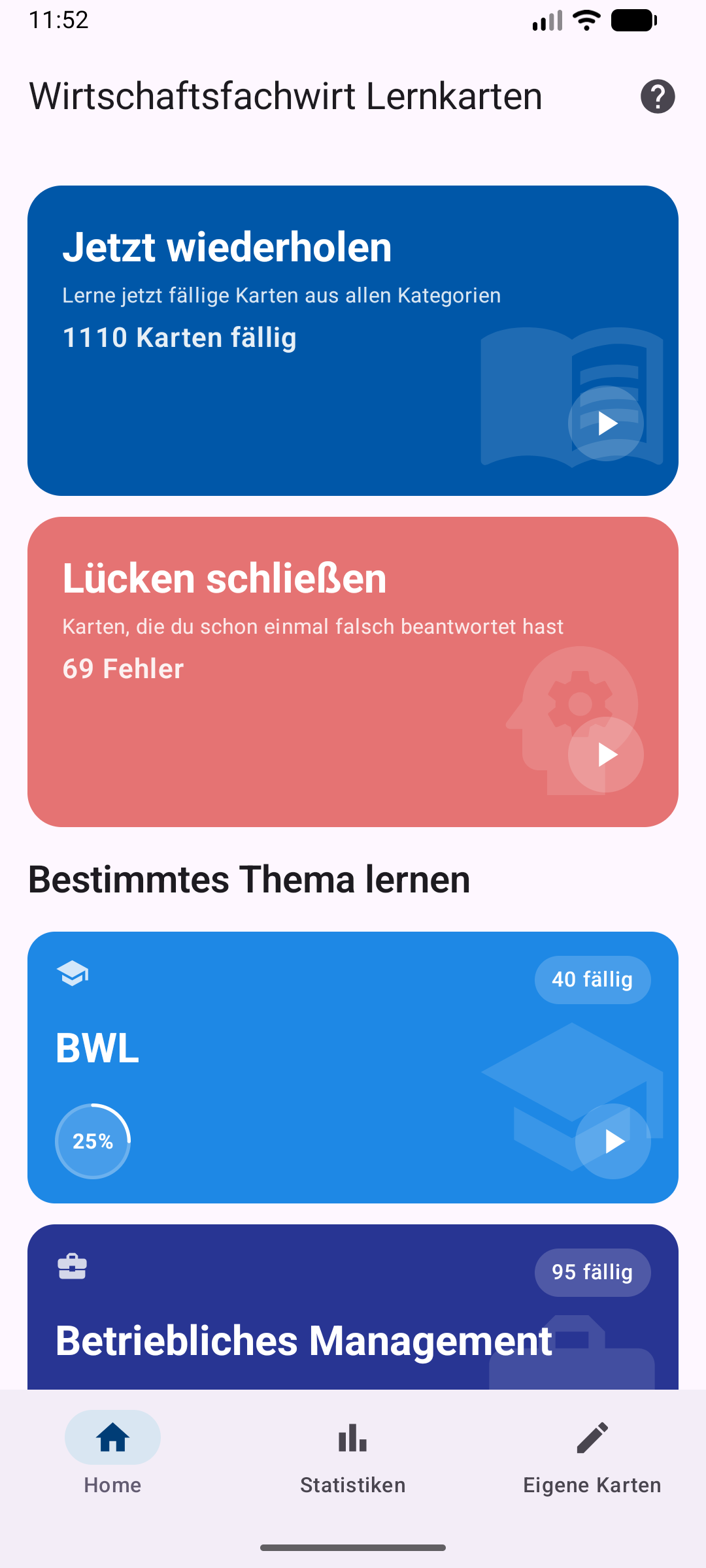 Wirtschaftsfachwirt Lernkarten – Dashboard