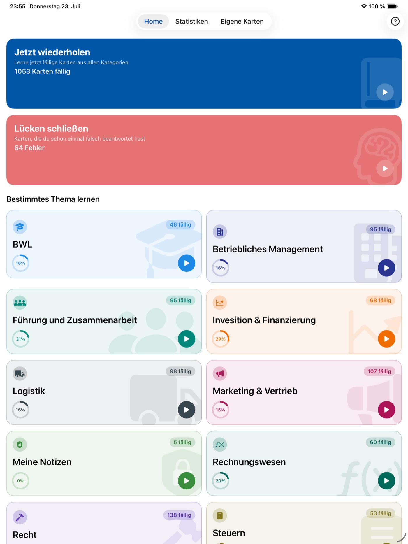 Wirtschaftsfachwirt Lernkarten auf dem Tablet